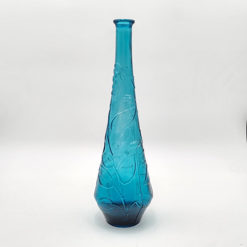 Vintage Empoli Italy Teal Blue Glass Genie Bottle Decanter Butterfly Flowers MCM